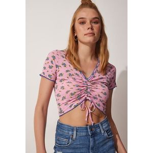 Happiness İstanbul Women's Pink Floral Pleated Crop Knitted Blouse obraz
