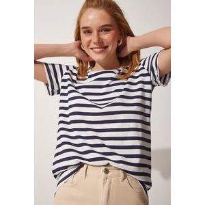 Happiness İstanbul Women's Navy Blue White Crew Neck Comfortable Striped Tshirt obraz