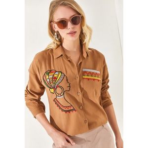 Olalook Women's Camel Loose Woven Linen Shirt with Pockets and Embroidery Detail obraz