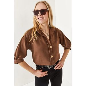 Olalook Women's Dark Brown Wooden Buttoned Three Quarter Sleeve Linen Shirt obraz