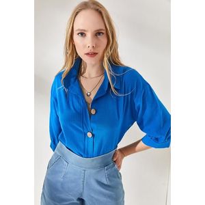 Olalook Women's Flared Blue Wooden Buttoned Three Quarter Arm Linen Shirt obraz