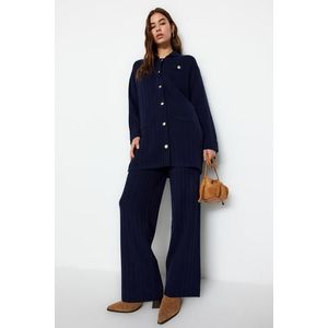 Trendyol Navy Blue Corduroy Knitwear Cardigan Sweater-Pants Bottom-Top Set obraz