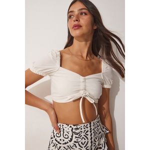 Happiness İstanbul Women's White Linen-Mixed Shirred Crop Top obraz