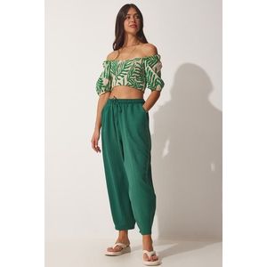 Happiness İstanbul Women's Emerald Green Linen Viscose Baggy Pants with Pocket obraz