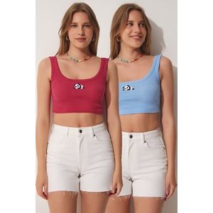 Happiness İstanbul Women's Dark Pink Sky Blue 2-pack Panda Embroidery Knitted Crop Top obraz