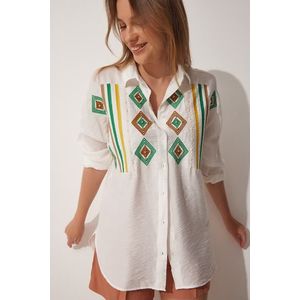 Happiness İstanbul Women's White Pearls Embroidery Oversized Airobine Shirt obraz