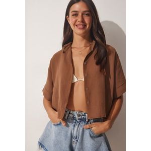 Happiness İstanbul Women's Brown Linen Crop Shirt obraz