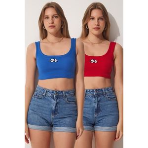 Happiness İstanbul Women's Blue Red 2-pack Panda Embroidery Knitted Crop Blouse obraz