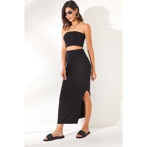 Olalook Women's Black Top Strapless Skirt Set with Slits obraz