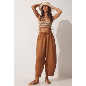 Happiness İstanbul Women's Camel Pocketed Linen Viscose Baggy Pants obraz