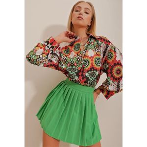 Trend Alaçatı Stili Women's Orange-Green Princess Ethnic Patterned Flared Linen Woven Shirt obraz