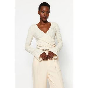 Trendyol Beige Premium Textured Fabric Double Breasted Collar Regular/Regular Fit Crop Knitted Blouse obraz