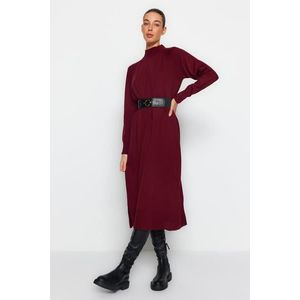 Trendyol Plum Faux Leather Standing Knitwear Dress With Belt obraz