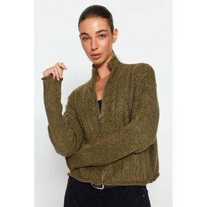 Trendyol Khaki Měkký texturovaný pletený svetr na zip na zip obraz