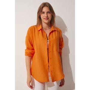 Happiness İstanbul Women's Orange Oversize Linen Airon Shirt obraz