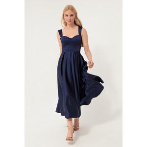 Lafaba Women's Navy Blue Strap Flared Cut Midi Satin Evening Dress obraz