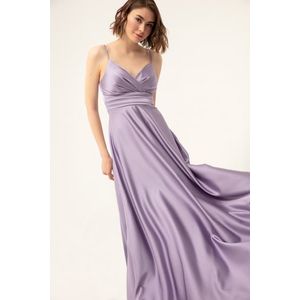 Lafaba Women's Lilac Long Satin Evening Dress &; Prom Dress with Thread Straps and Waist Belt obraz