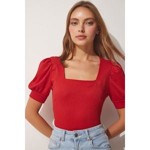 Happiness İstanbul Women's Red Square Collar Knitted Blouse with Balloon Sleeves obraz
