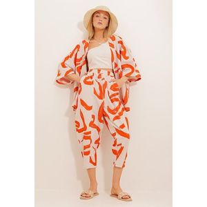 Trend Alaçatı Stili Women's Orange Patterned Baggy Pants And Kimono Set obraz