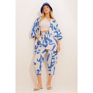 Trend Alaçatı Stili Women's Sax-patterned Baggy Pants And Kimono Set obraz