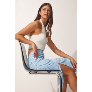 Happiness İstanbul Women's Sky Blue Patterned Viscose Skirt with a Slit obraz