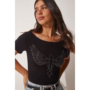 Happiness İstanbul Women's Black Wing Embroidered Viscose Knitted T-Shirts obraz
