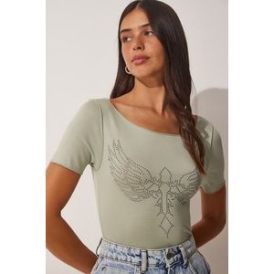 Happiness İstanbul Women's Turquoise Green Knitted Viscose T-Shirt with Embroidered Wings obraz