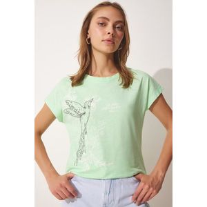 Happiness İstanbul Women's Light Green Printed Cotton T-Shirt obraz