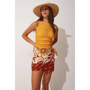 Happiness İstanbul Women's Tile Beige Patterned Tie Mini Viscose Skirt obraz
