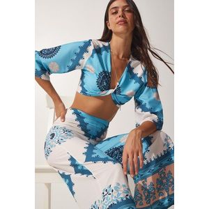 Happiness İstanbul Women's Light Blue Patterned Summer Blouse and Pants Suit obraz