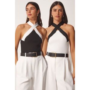 Happiness İstanbul Women's Black and White Halter Collar 2-Pack Crop Knitwear Blouse obraz