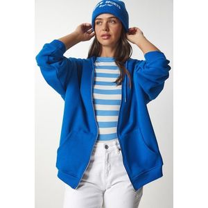 Happiness İstanbul Women's Blue Hoodie with Zipper Oversized Sweatshirt obraz