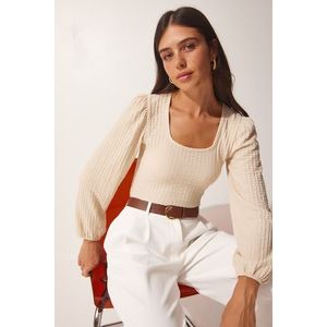 Happiness İstanbul Women's Light Cream Square Collar Textured Knitted Blouse obraz