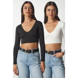 Happiness İstanbul Women's Black and White V-Neck 2-Pack Crop Top obraz