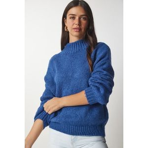 Happiness İstanbul Dámský modrý svetr s vysokým výstřihem Basic Knitwear obraz