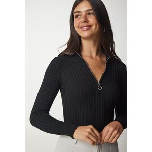 Happiness İstanbul Women's Black Zipper Stand Up Collar Corduroy Knitwear Blouse obraz