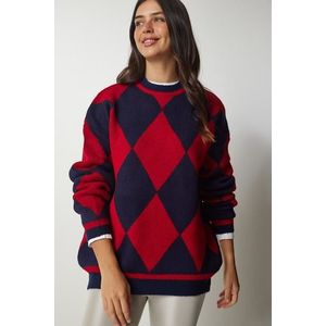 Happiness İstanbul Women's Red Diamond Pattern Oversized Knitwear Sweater obraz