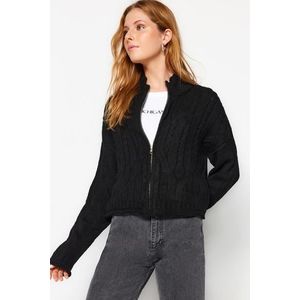 Trendyol Black Soft-textured Sweater Cardigan with Zipper and Braids obraz