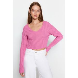 Trendyol Pink Crop Basic V-Neck Knitwear Sweater obraz