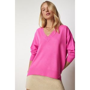 Happiness İstanbul Dámský růžový oversize pletený svetr s výstřihem do V obraz