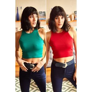 Olalook Women's Green Red Rambo 2-pack Lycra Knitted Crop Top obraz