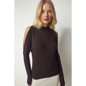 Happiness İstanbul Women's Dark Brown Stand-Up Collar Open-Shoulder Knitwear Blouse obraz