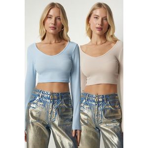 Happiness İstanbul Women's Biscuit Baby Blue V-Neck 2-Pack Crop Top obraz