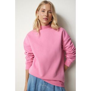 Happiness İstanbul Women's Light Pink Stand-Up Collar Basic Branded Sweatshirt obraz