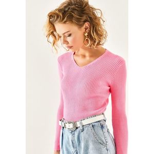 Olalook Women's Pink V-Neck Ribbed Lycra Knitwear Blouse obraz