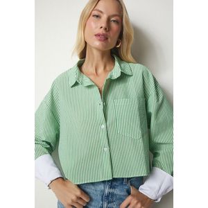 Happiness İstanbul Women's Green Pinstripe Crop Shirt obraz