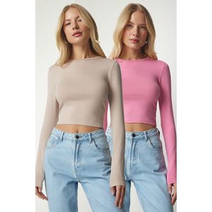 Happiness İstanbul Women's Pink Beige Basic 2-Pack Knitted Crop Top obraz