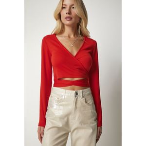 Happiness İstanbul Women's Orange Lace Crop Top with Wrapover Collar and Blouse obraz