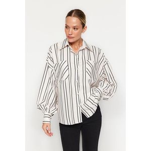 Trendyol Ecru Striped Oversize/Creature Satin Woven Shirt obraz