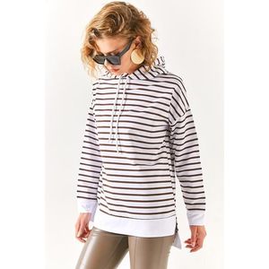 Olalook Women's Bitter Brown White Hooded Striped Sweatshirt with Side Slits obraz